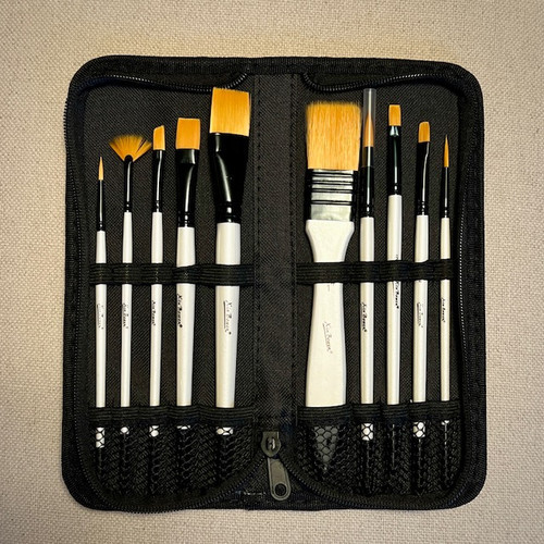 (3 Pack) Xin Bowen 10 Brushes with Travel Case Acrylic Golden Taklon Brush Set