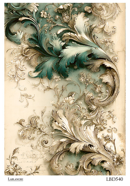 LaBlanche Teal and Gold Baroque Acanthus Scroll A4 Rice Paper