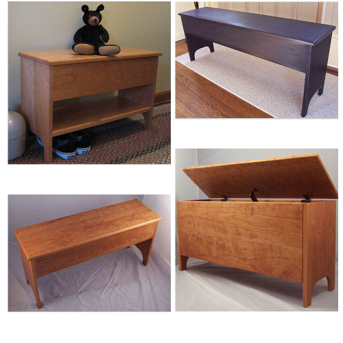 Shaker styled storage benches.  Two have a 5" deep storage box. One is shown with a 12" deep storage box.  The other storage bench is combined with our shoe bench to give you a shelf 5 1/2" off the floor under the 5" deep storage compartment.