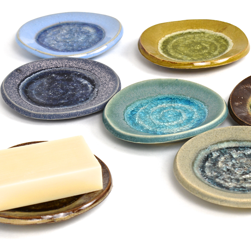 Handmade Pottery Soap Dish with Pools of Melted Glass