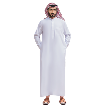 Saudi White Long Arabic Thobe Shirt for Men with Long Sleeves