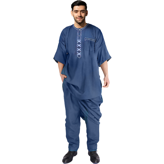 [SET 2 PIECE] New IKAF ADULT SS Short Sleeve with Trousers  Moroccan Thobe Gown Robe Kaftan Dishdasha Kurta Shirt Long Mens Boys