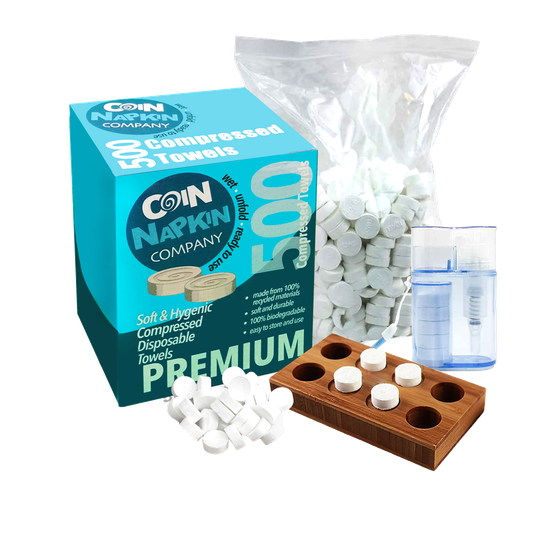 Wholesale Coin Napkin Company 6 x Boxes of 500 Napkins Compressed Wet Wipes Tissues Magic