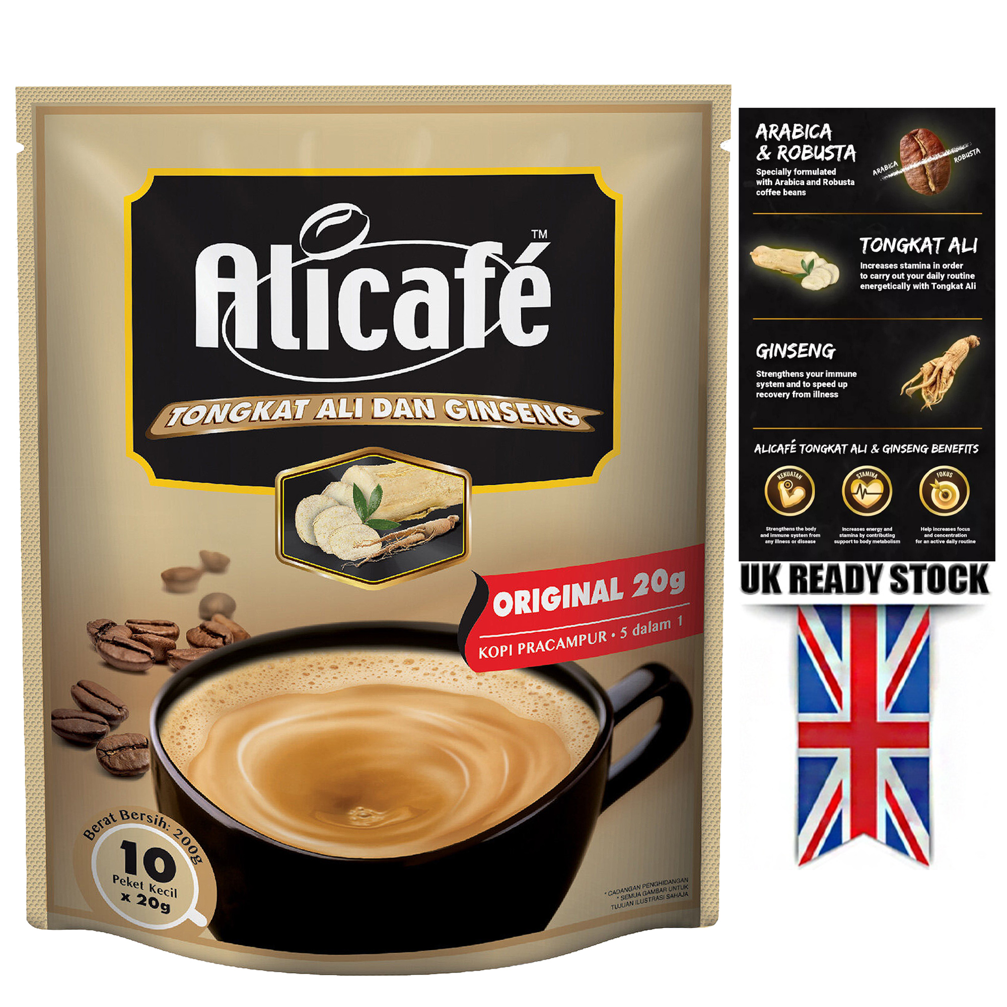 Bag of 10 x 20g Coffee Tongkat All Alicafe Ali Cafe Power Root Sachets ...