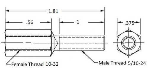 Thread adapter, 10-32 Female thread, 5/16-24 Male thread