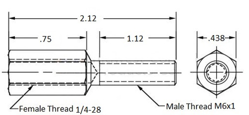 Thread adapter, 1/4-28 Female thread, M6x1 Male thread