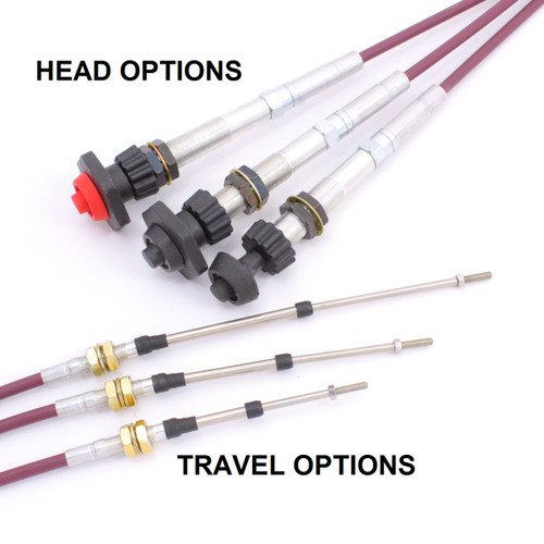 Vernier Throttle Cable, M5x.8 Threaded Rod, Bulkhead Hub (choose head & travel options)
