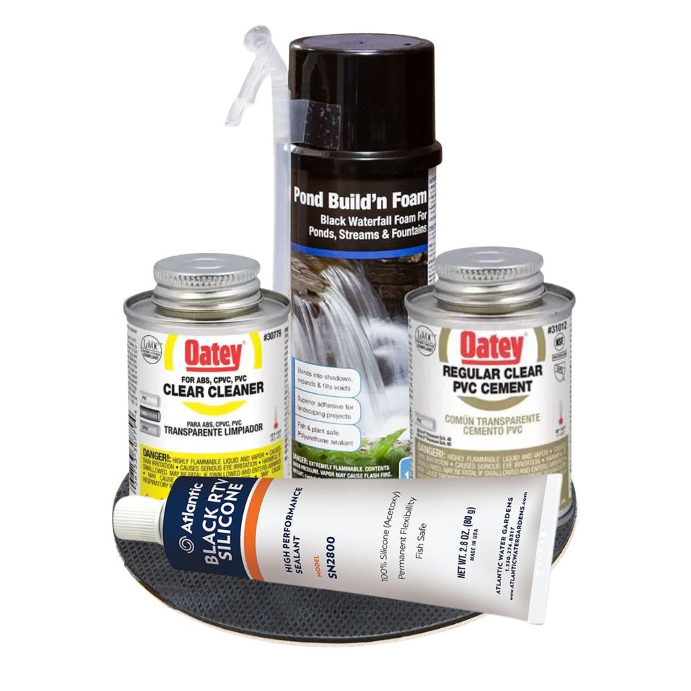 Pond installation kit with silicone sealant, waterfall foam, PVC cleaner, and cement for sealing, bonding, and building complete pond plumbing systems