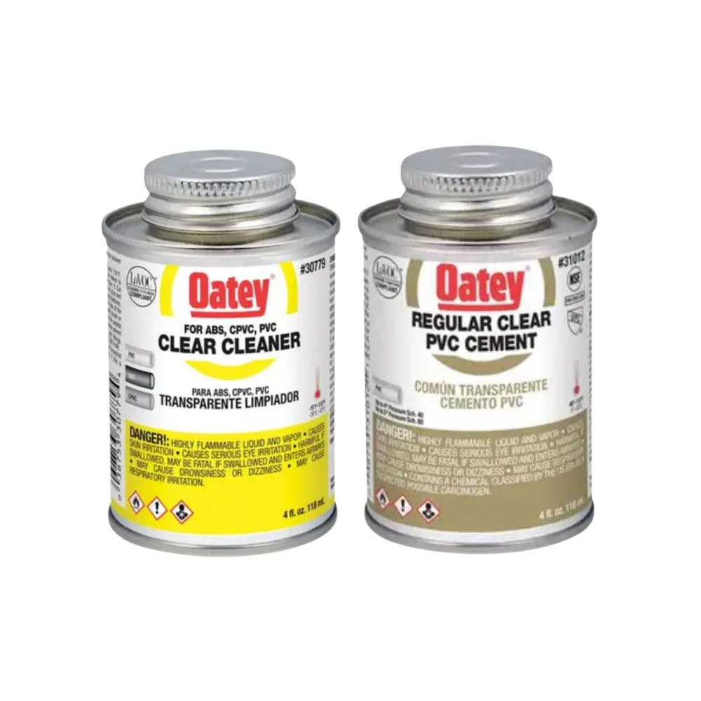 Oatey PVC cleaner and clear cement cans for prepping and bonding pond plumbing pipes, ensuring strong, watertight connections in installations
