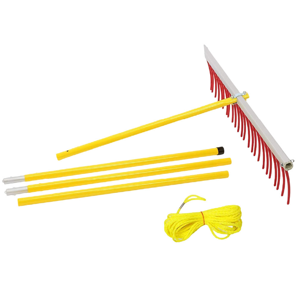 Jenlis Weed Raker kit with aluminum rake head, sectional handle poles, and pull rope for removing pond weeds and aquatic debris.