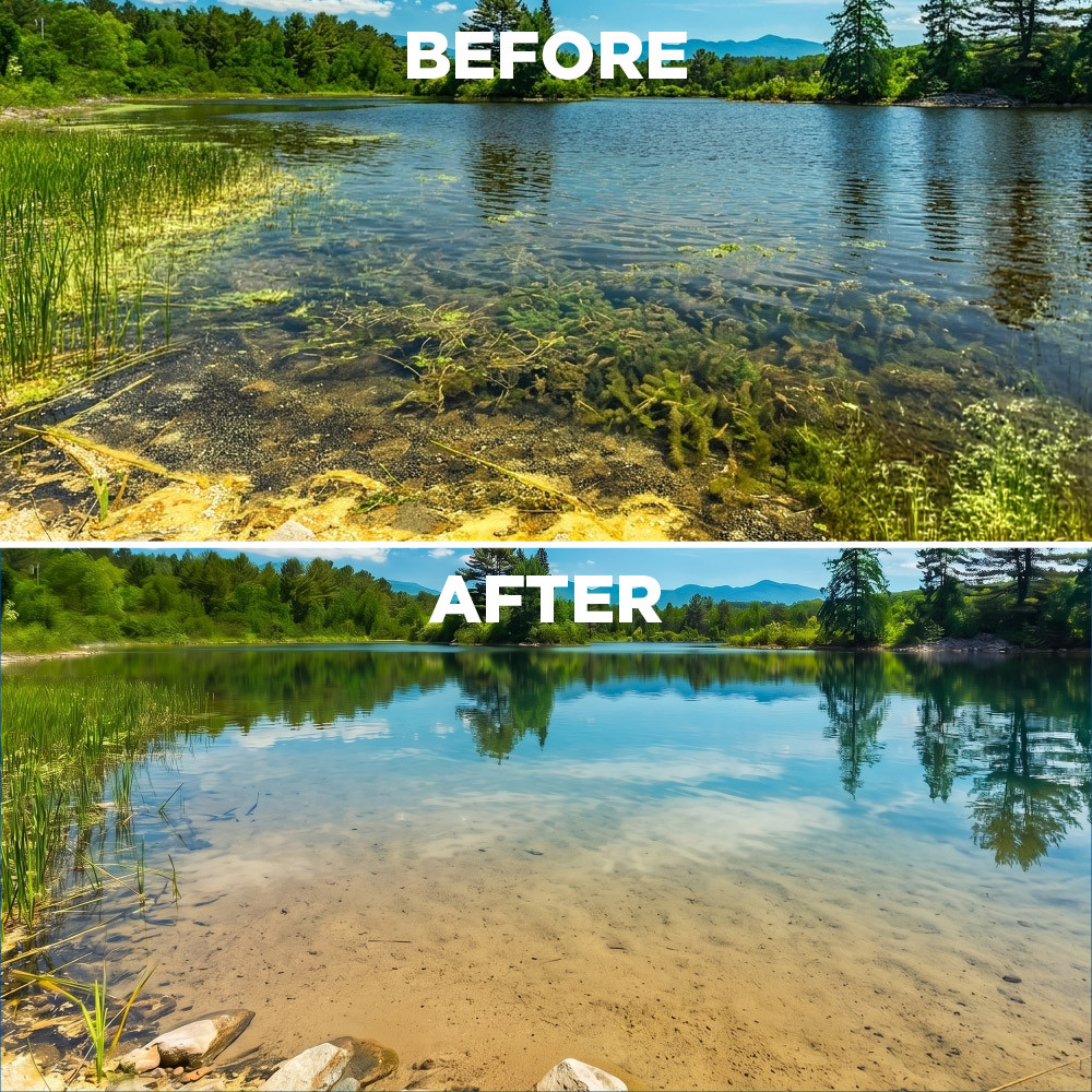 Before and after lake shoreline showing heavy aquatic weed growth removed with the Jenlis Weed Raker, leaving clear water and a clean bottom