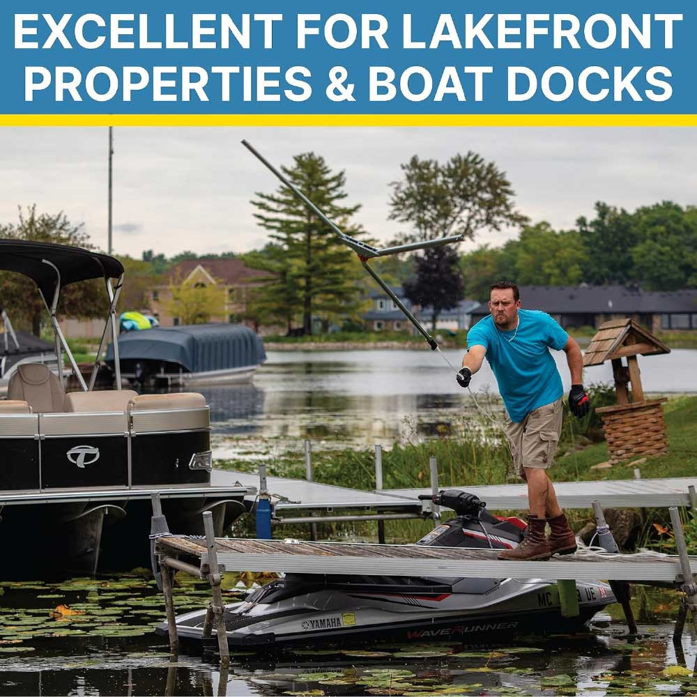 A person tossing the Weed Razer into an overgrown pond with the top text “Excellent for Lakefront Properties & Boat Docks”.