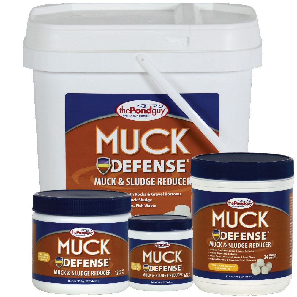 The Pond Guy Muck Defense in four sizes: three jars and a bucket, all white with red and blue labels.
