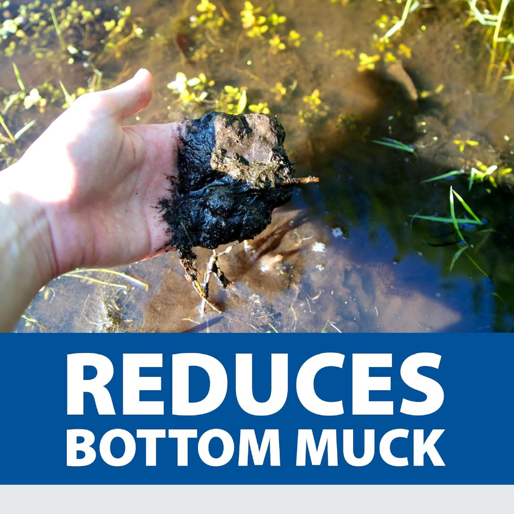 A handful of slimy muck, with text: “reduces bottom muck”.