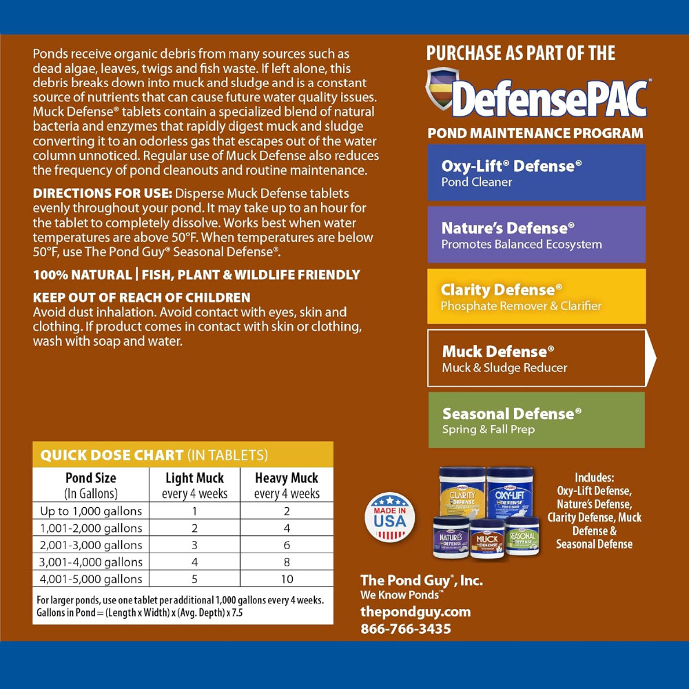 The Pond Guy Muck Defense label with DefensePAC steps, directions, and quick dosage instructions (per 1,000 gallons: 1 scoop every 4 weeks for light muck; two scoops every 4 weeks for heavy muck).