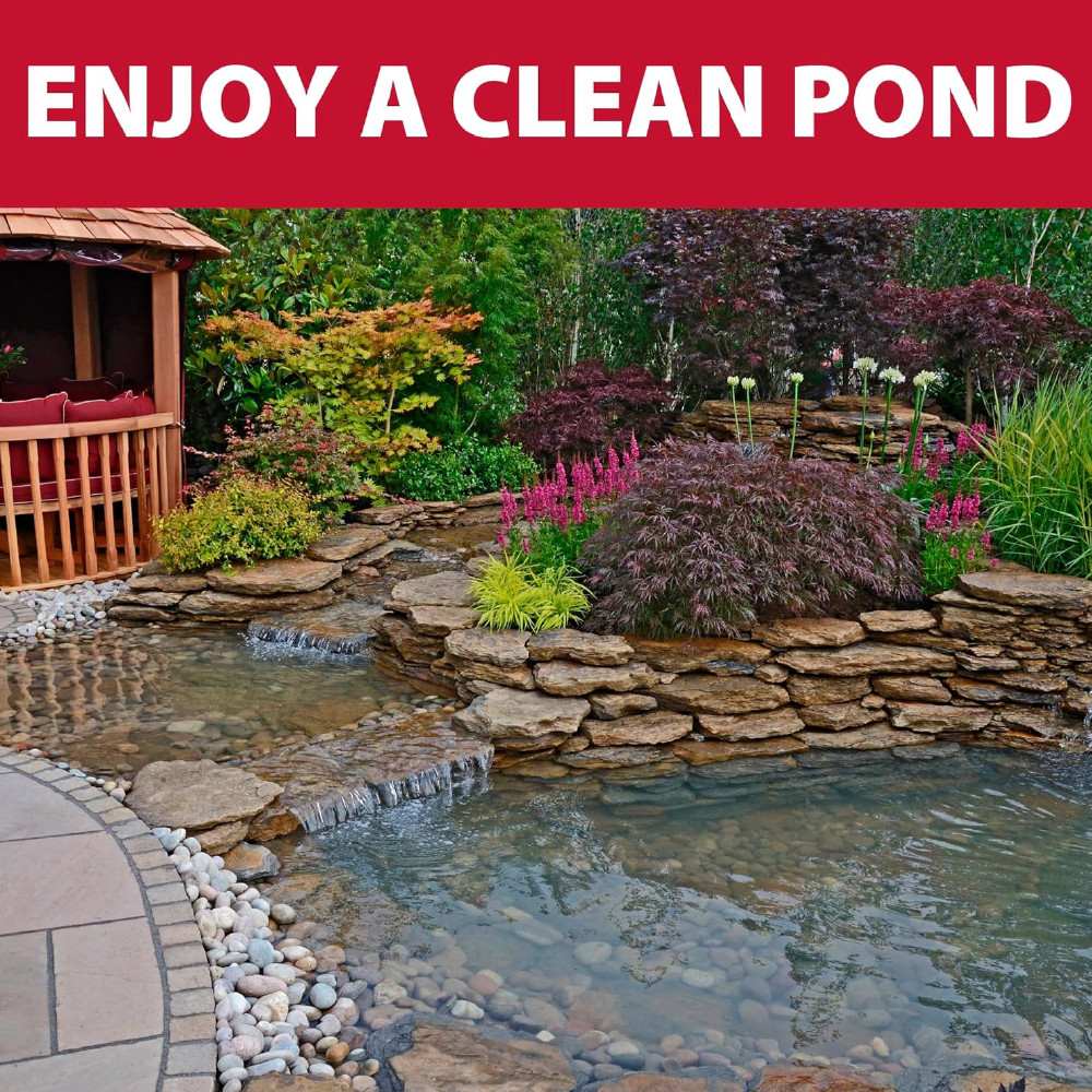 A pristine water garden featuring a tiered waterfall, with text: “Enjoy a clean pond”.