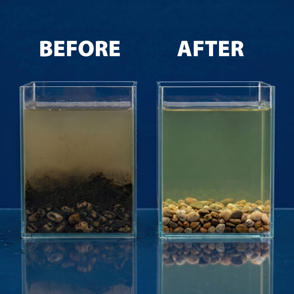 Before-and-after comparison of two water-filled containers showing dark organic muck and cloudy water before, with clean gravel after.