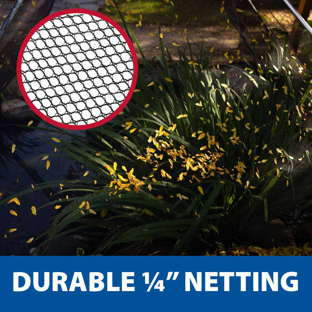 The PondShelter net holding fallen leaves with an inset close-up of the material, with text: “Durable ¼” netting”.