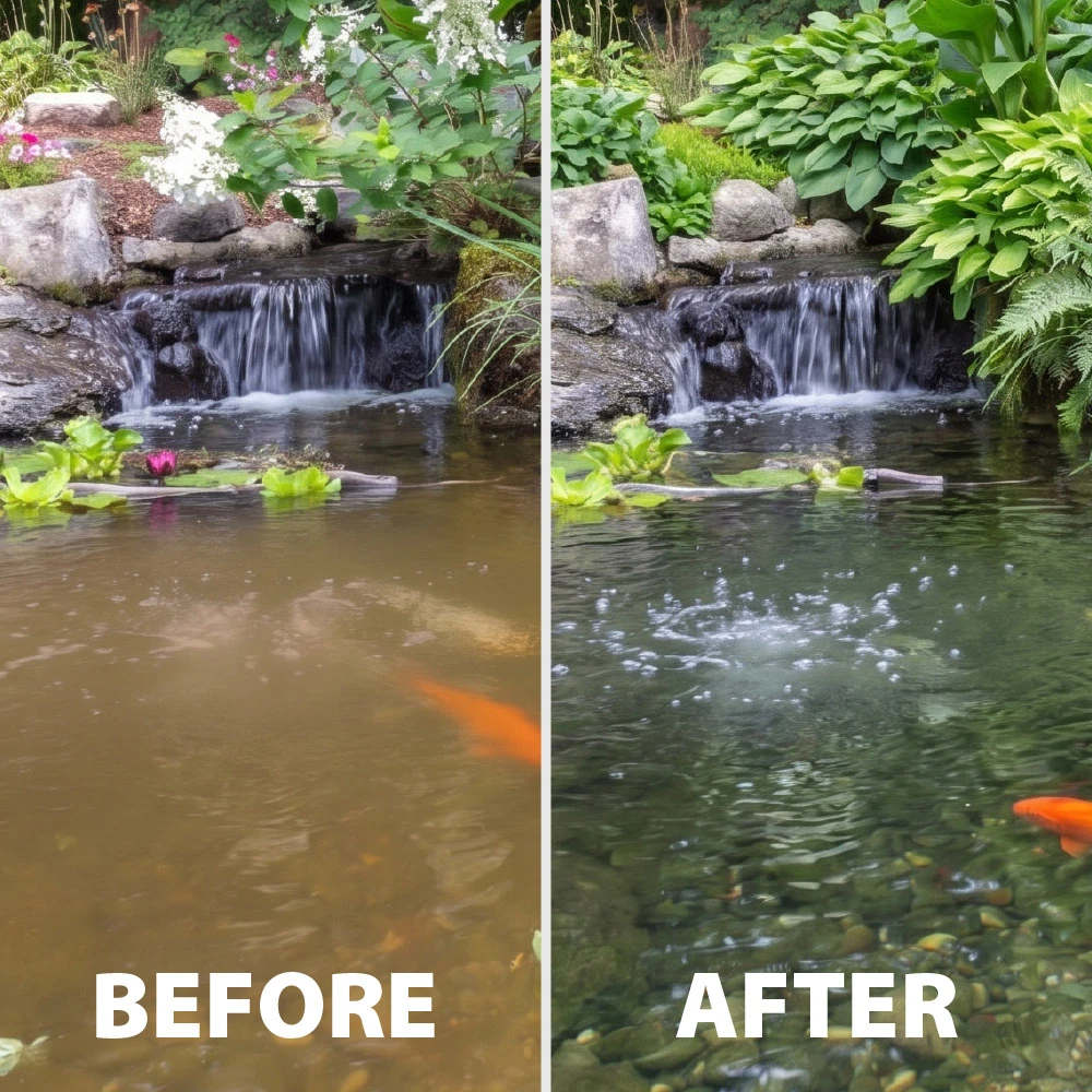 Before-and-after comparison shows improved pond water clarity after using barley straw, transforming cloudy water into a clearer pond.