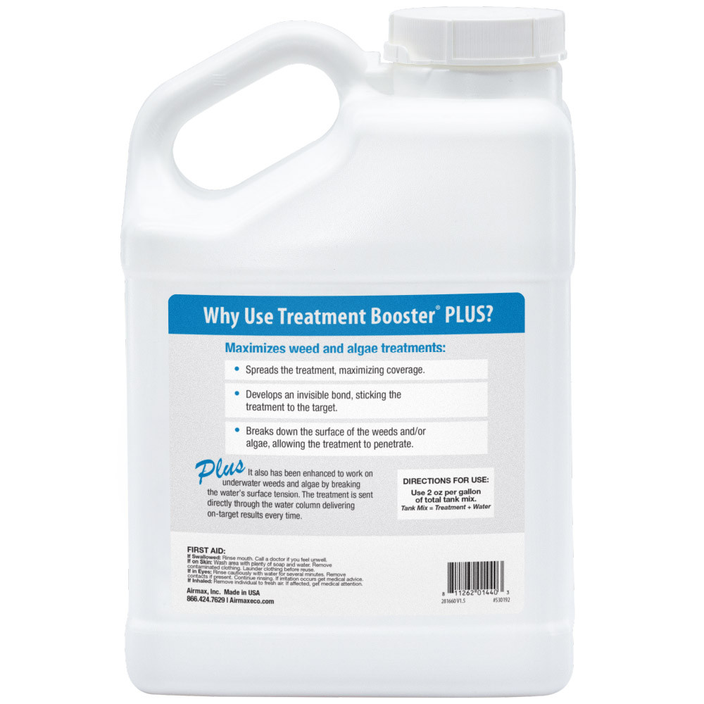 Airmax Treatment Booster Plus 1 gallon bottle back label showing product directions, benefits, and application instructions for supporting weed and algae treatments.