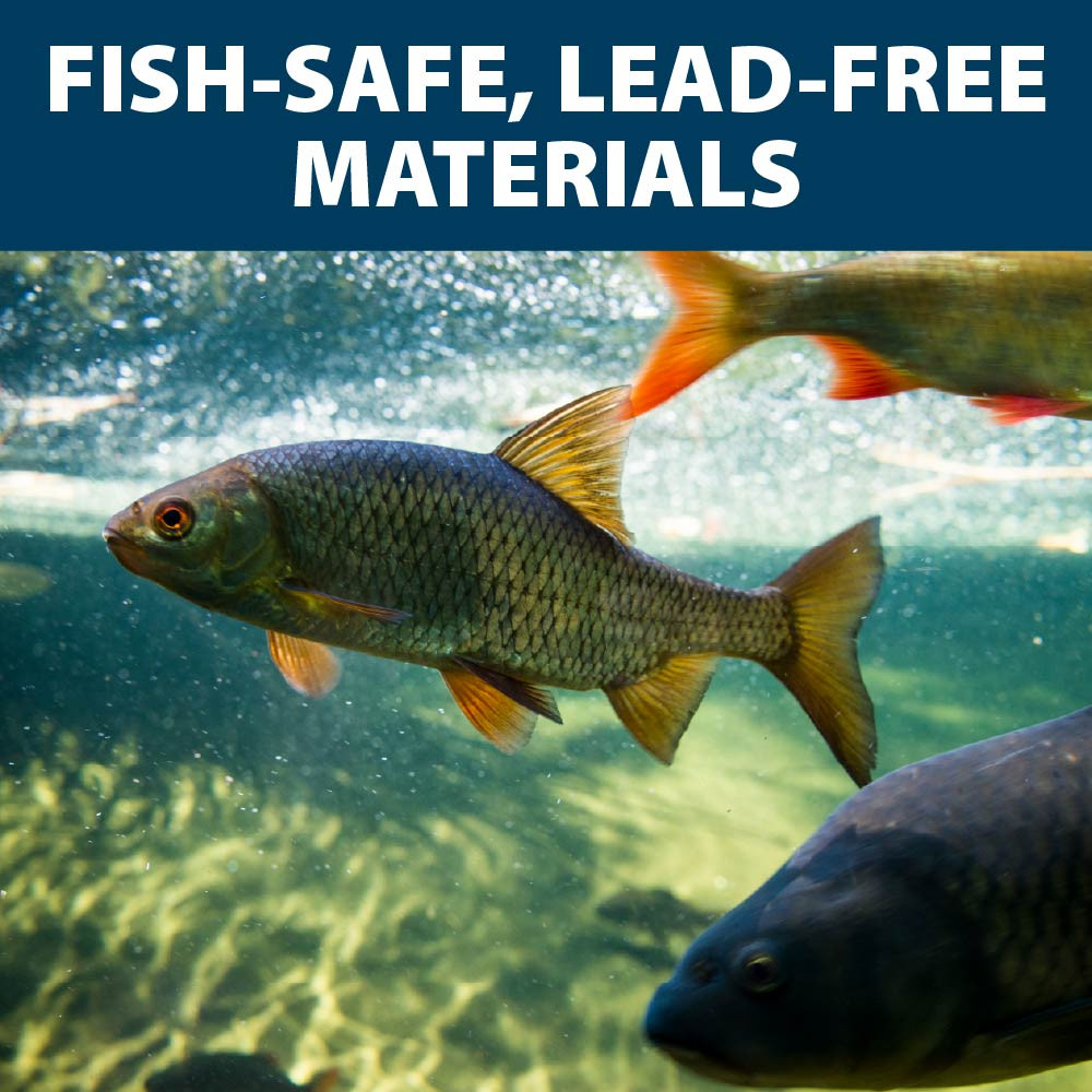 Fish swimming in clear water, with text: Fish-safe, lead-free materials