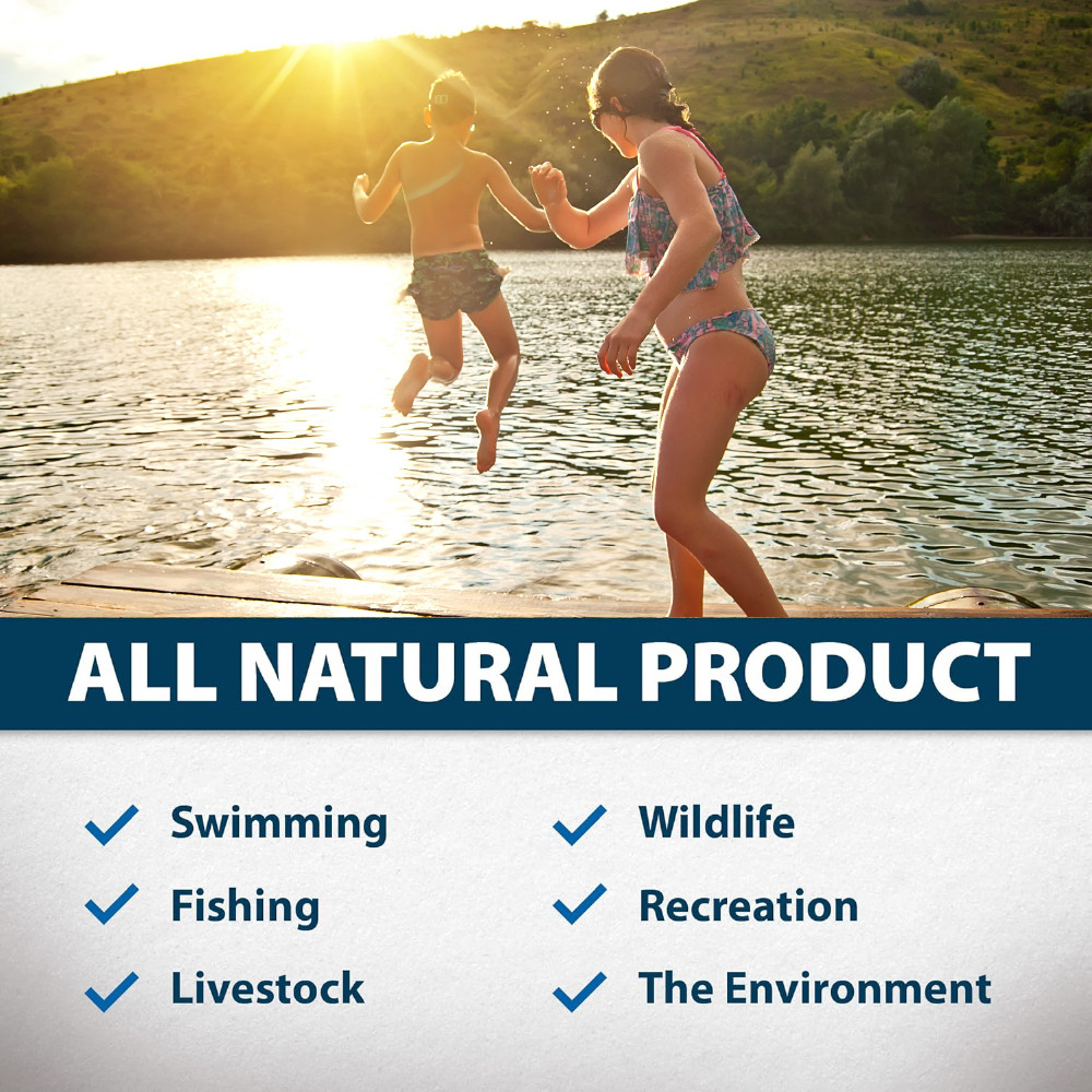 People playing in a clear lake, with text: “All Natural Product: (checkmarks) Swimming, Wildlife, Fishing, Recreation, Livestock, The Environment”