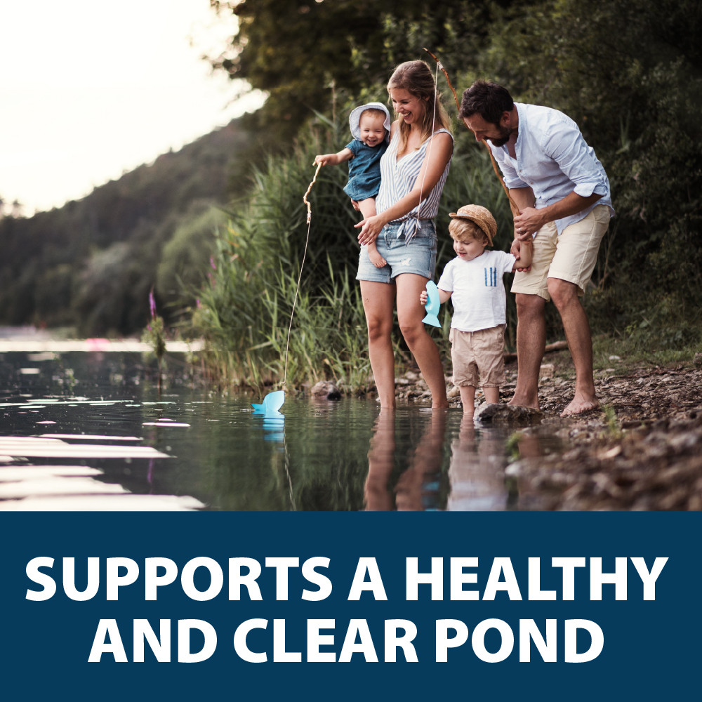 A family playing by a lake shoreline, with text: “Supports a healthy and clear pond”.