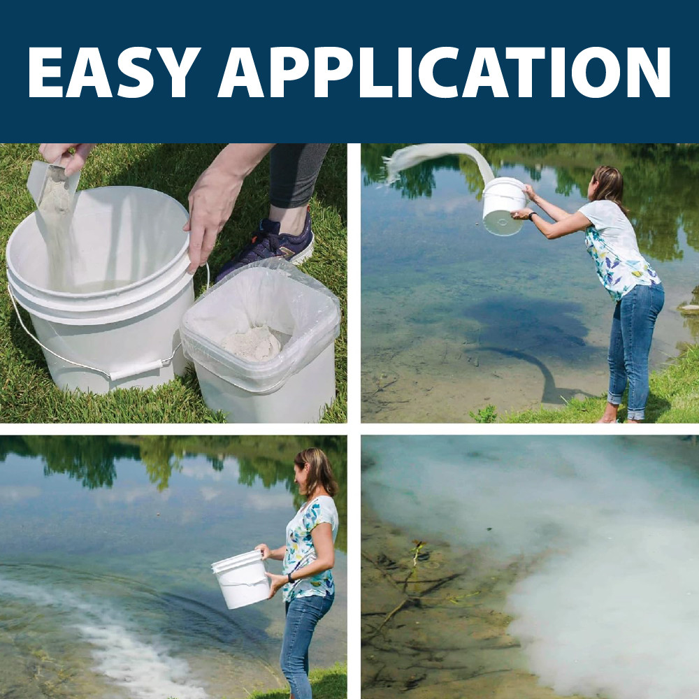 Text: “Easy Application”; Images show step-by-step: Mixing EcoBoost PRx with water in a bucket and pouring it along the shoreline where the phosphate binder disperses.