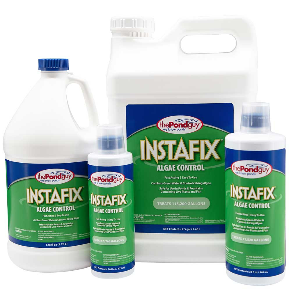 Four sizes of InstaFix Algae Control with green and blue labels.