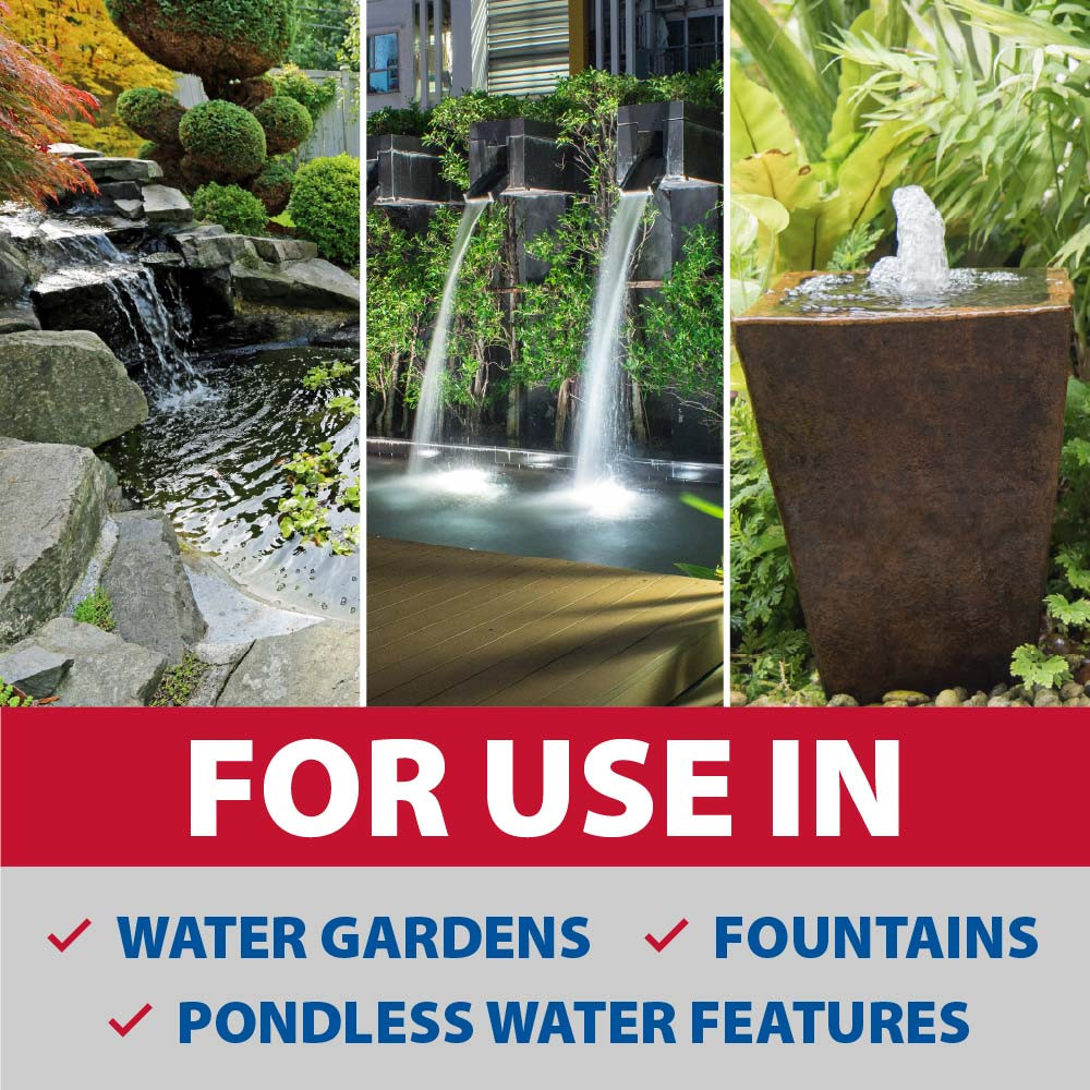 Two waterfalls and a basin fountain, with text: “For use in: Water Gardens, Fountains, Pondless Water Features”.