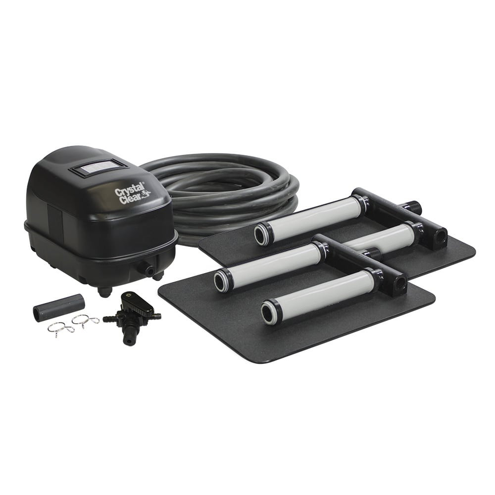 CrystalClear KoiAir 2 system with dual diffuser plates, compressor, and tubing designed for larger ponds needing increased aeration coverage.