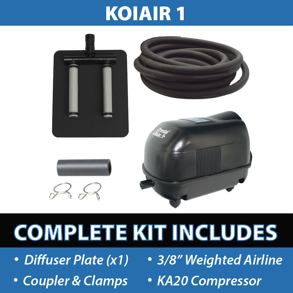 KoiAir 1 complete aeration kit with diffuser plate, weighted airline, coupler, clamps, and KA20 compressor for small pond systems.