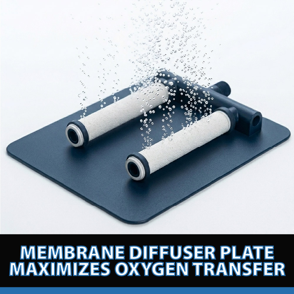 Membrane diffuser plate close-up releasing fine bubbles, maximizing oxygen transfer for improved pond aeration and healthier water conditions.