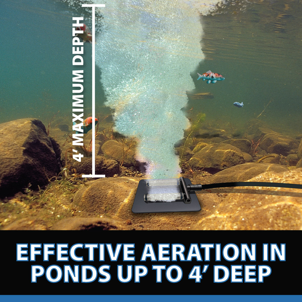 Underwater diffuser plate producing dense bubble column, effectively aerating ponds up to 4 feet deep for better oxygen distribution.