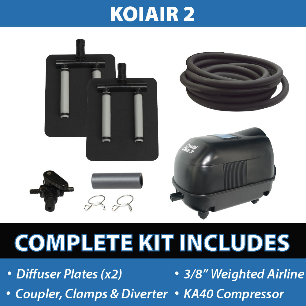 KoiAir 2 aeration kit with dual diffuser plates, airline tubing, diverter, and KA40 compressor for enhanced pond oxygenation.