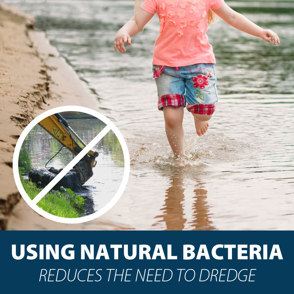 A child running through a clean pond with an inset image of a crossed-out backhoe & the bottom text “Using Natural Bacteria Reduces the Need to Dredge”.