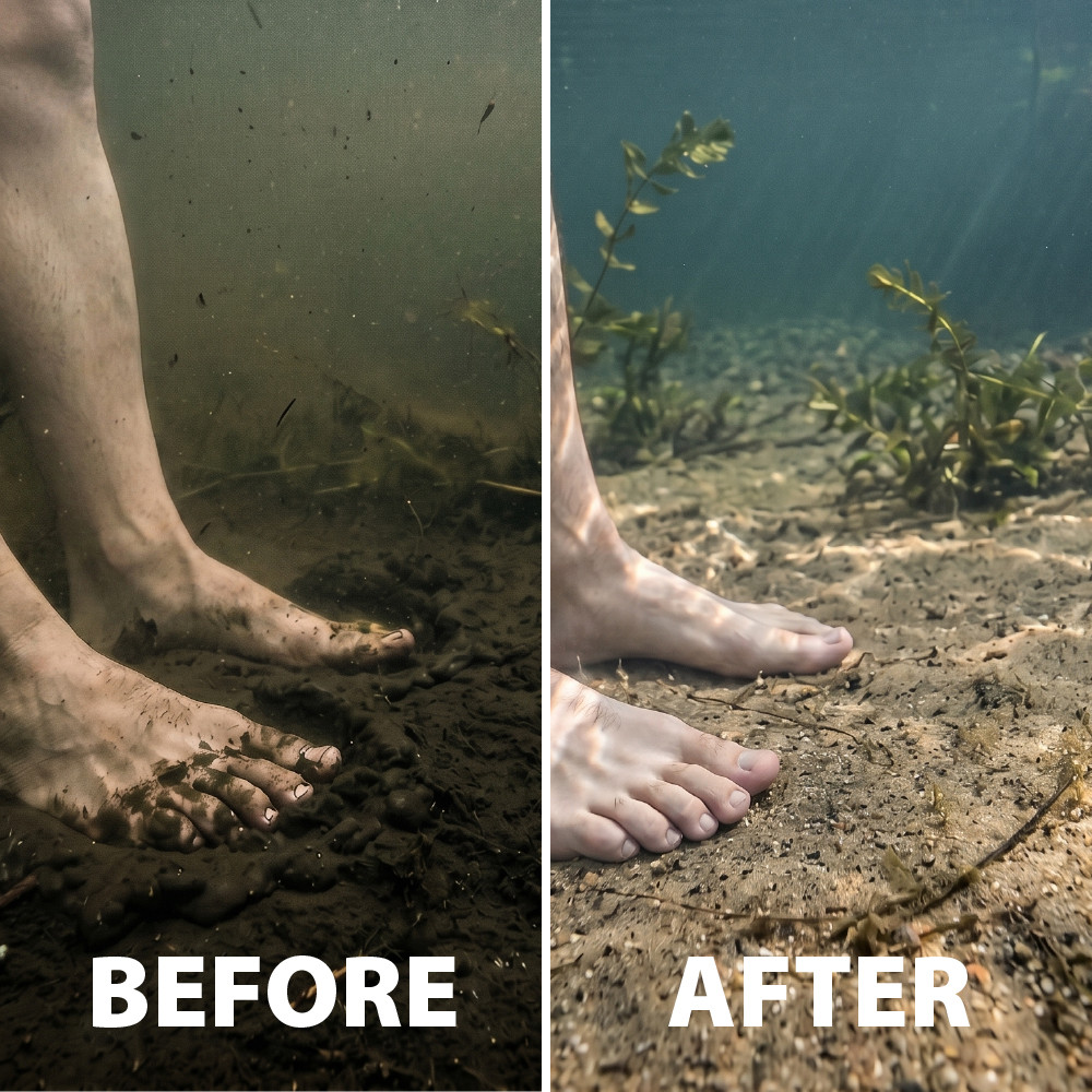 Before-and-after underwater view of bare feet on a pond bottom, showing thick organic muck before and a cleaner, firmer bottom after.