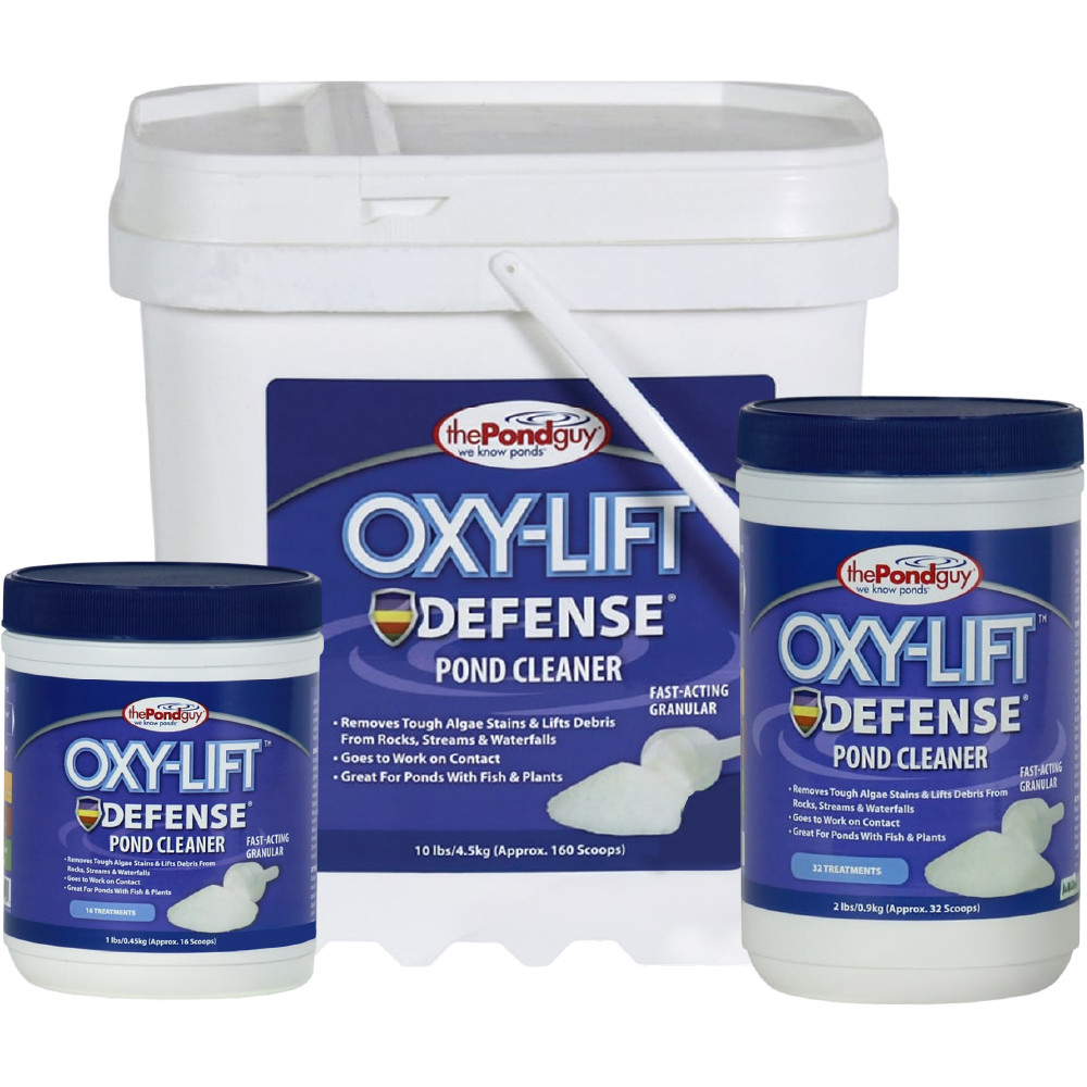 The Pond Guy Oxy-Lift Defense Pond Cleaner Fast-Acting Granular in three sizes.