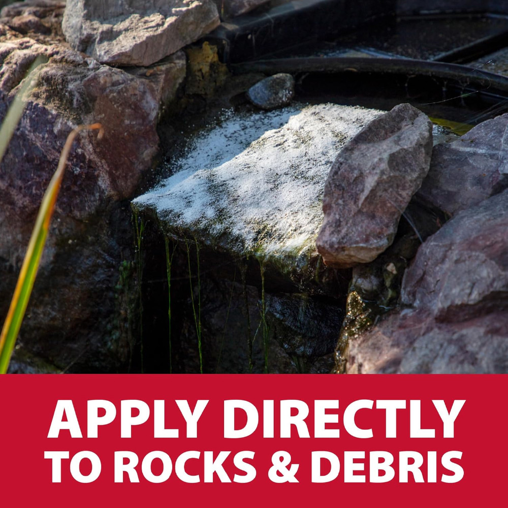 Oxy-Lift Defense granules on an algae-covered rock with the bottom text “Apply Directly to Rocks & Debris”.
