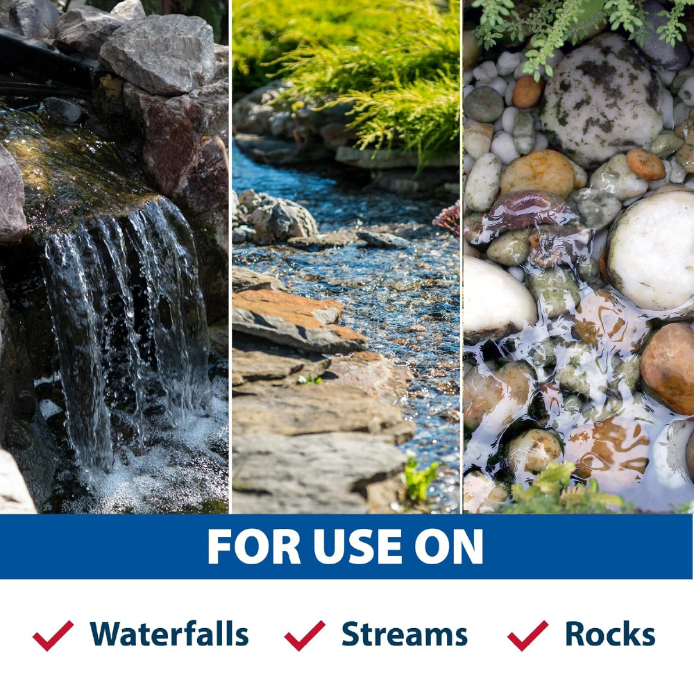 A collage of clean water gardens with the bottom text “For Use On: Waterfalls, Streams, Rocks”.