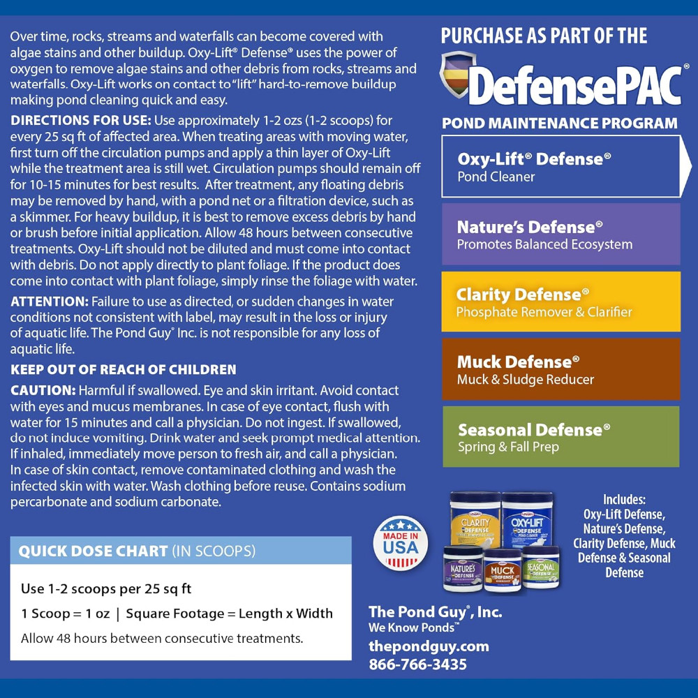 Oxy-Lift Defense Pond Cleaner label with directions, dosage rates, cautions, and treatment advice.