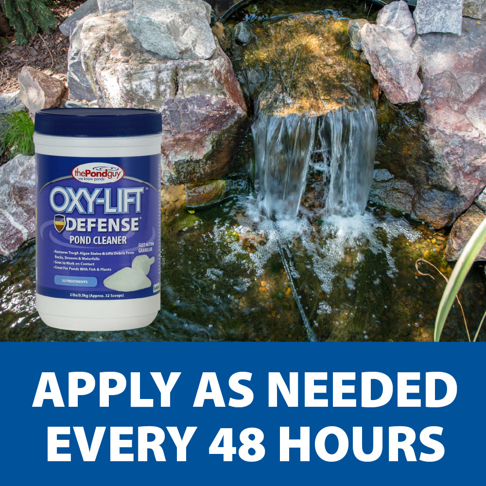 A waterfall with light string algae and a superimposed jar of Oxy-Lift Defense with the bottom text “Apply As Needed Every 48 Hours”.