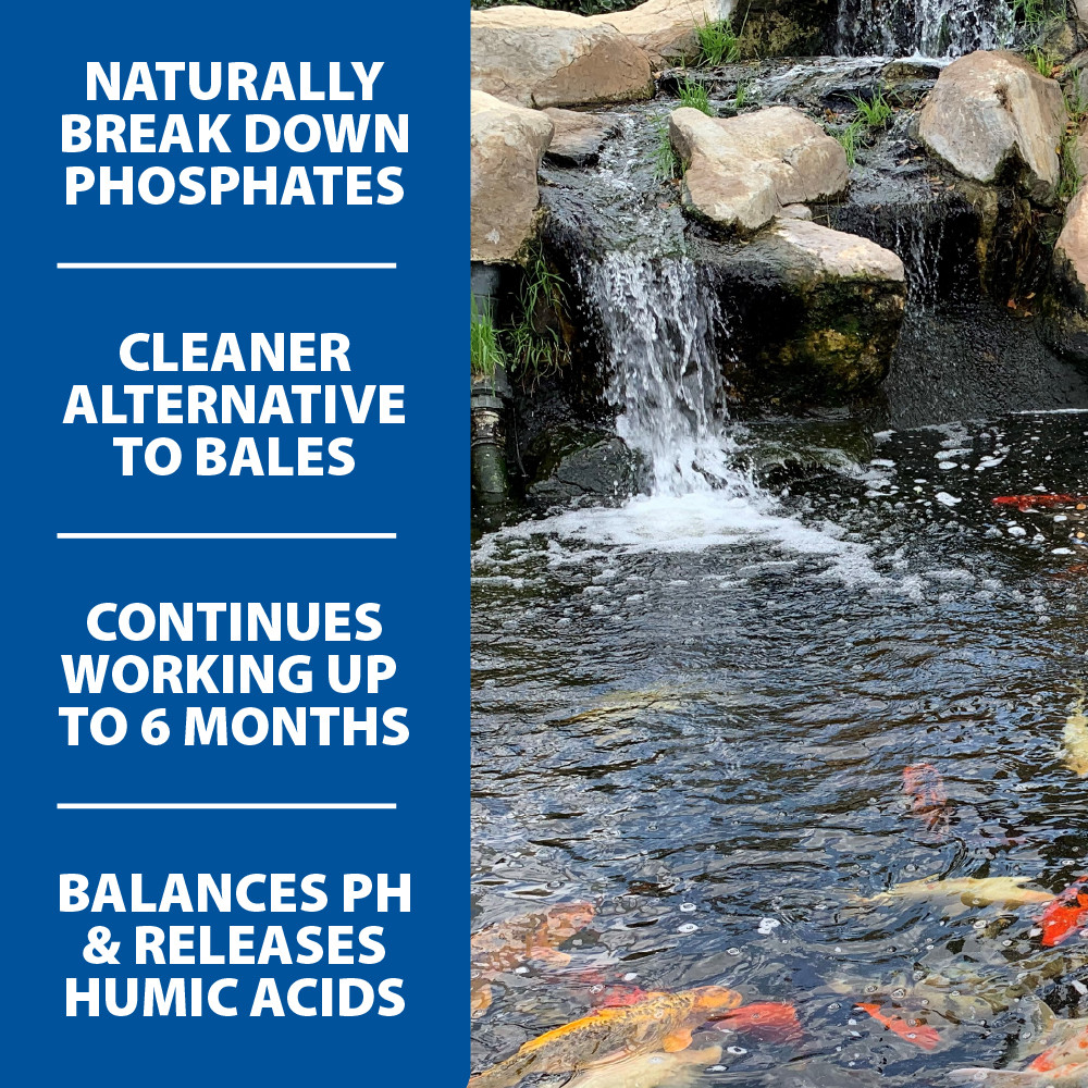 A waterfall spilling into a clear koi pond, with text: “Naturally break down phosphates, cleaner alternative to bales, continues working up to 6 months, balances pH & releases humic acids”.
