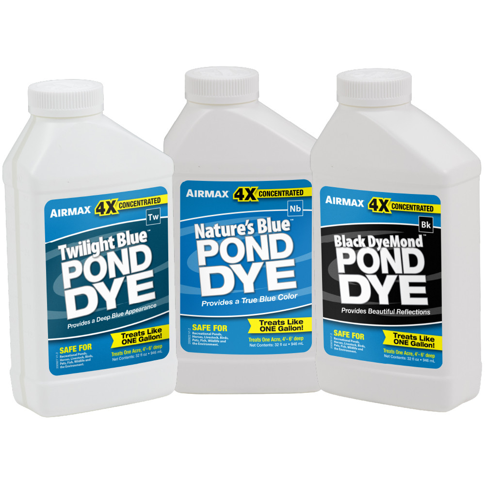 Airmax Pond Dye Quart Containers in Twilight Blue, Nature’s Blue, and Black DyeMond.