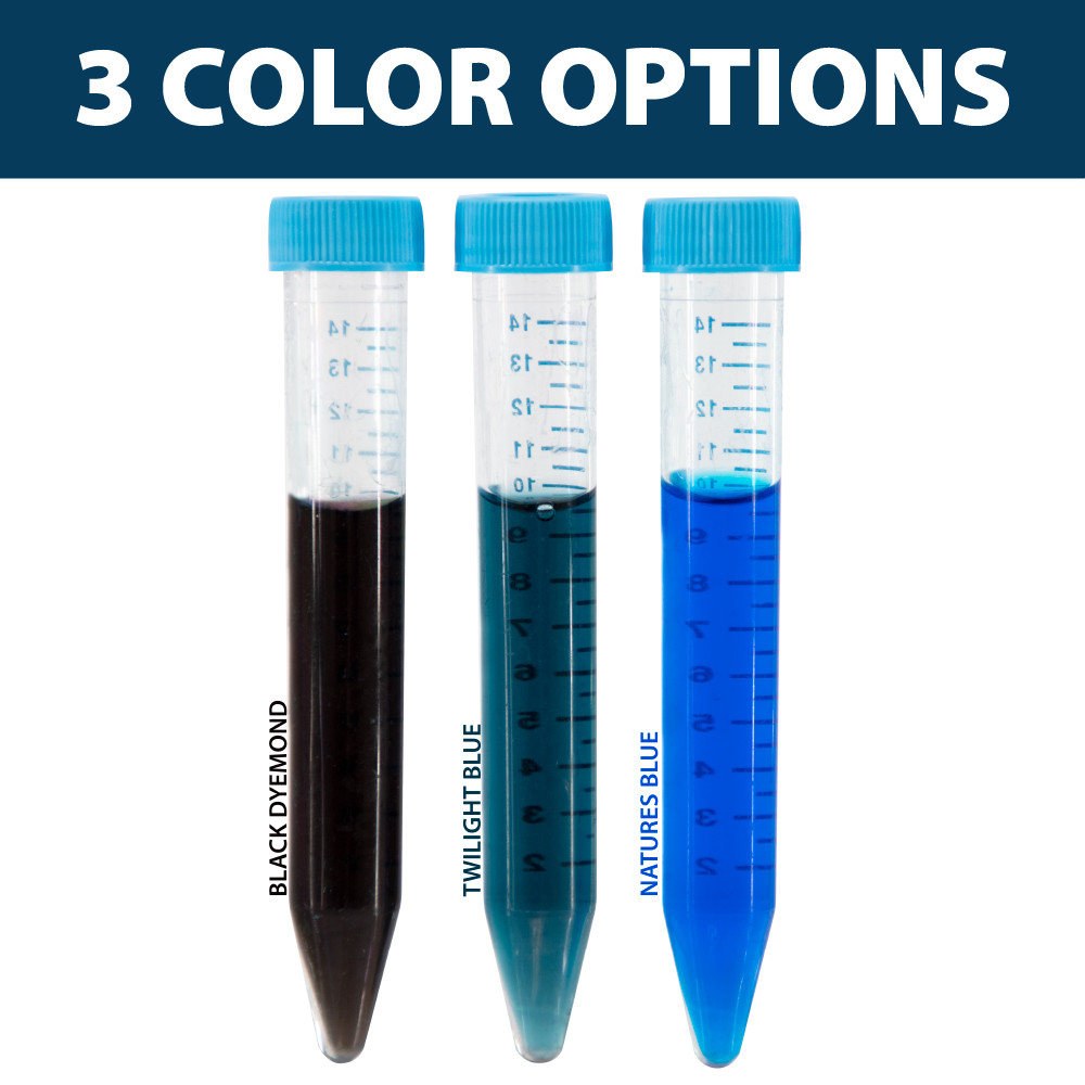 3 Color Options in test tubes: Black DyeMond is deep black, Twilight Blue is a warm dark blue, Nature’s Blue is a cool bright blue.