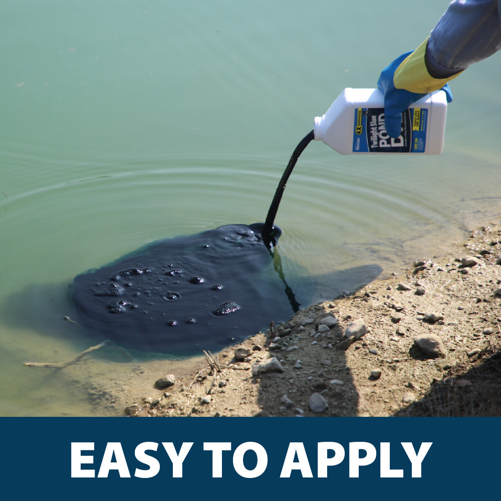 Pouring Airmax Pond Dye along a pond shoreline with the bottom text “Easy to Apply”.