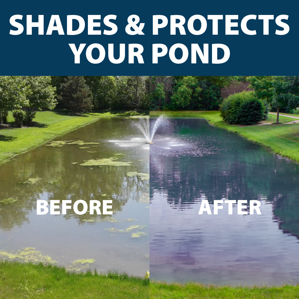 A pond split image; before shows an algae-covered pond, while after shows a clean blue pond. Top text: Shades & Protects Your Pond.