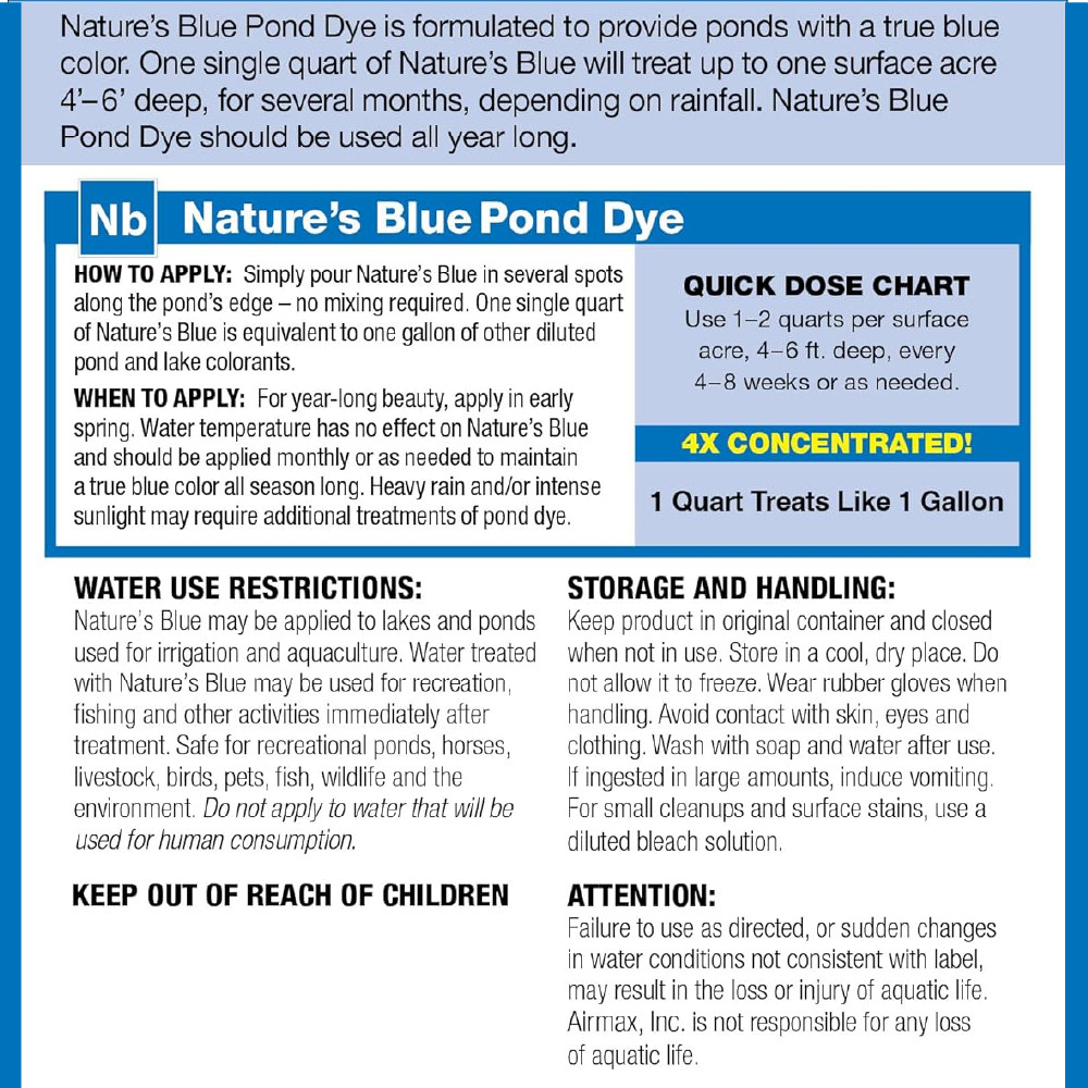 Airmax Pond Dye label with instructions, water use restrictions, and storage and handling tips.