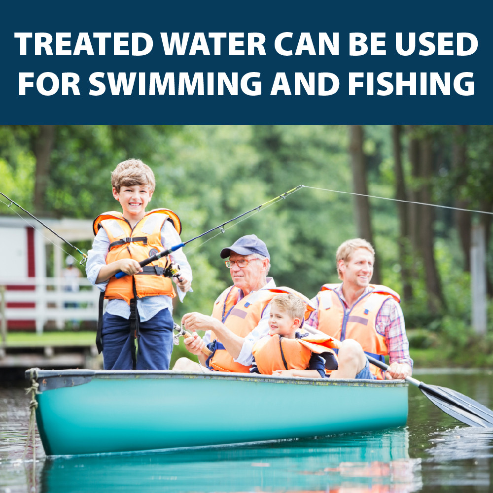 A family in a canoe with the top text “Treated Water Can Be Used for Swimming and Fishing”.