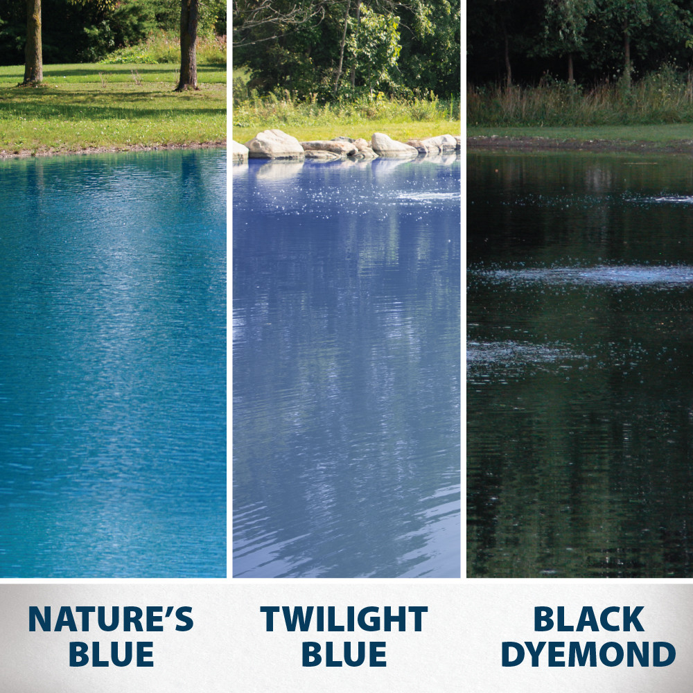 The dye colors in ponds: Nature’s Blue is cool and bright, Twilight Blue is a soft slate, and Black DyeMond is deep and reflective.